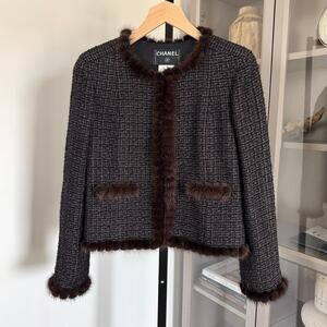 CAHNEL Black Gold Tweed Wool Brown Mink Fur Trim Jacket 40 Mohair Blazer